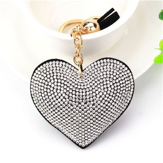 3 Styles Colourful Heart Full Rhinestone Keychain PU Leather Tassel Keyring for