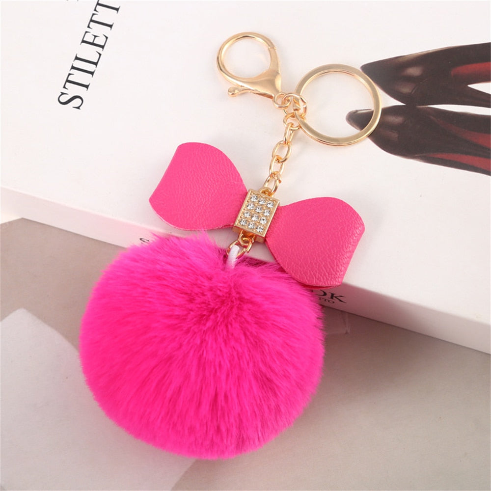 Hot Pink Pompom Pendant Keychain Cute PU Bow Tie Keyring Plush Women Bags
