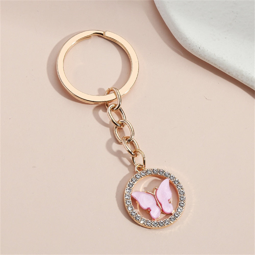 Pink Halo Metal Butterfly Keychains Women Handbag Charms Exquisite Keyring For
