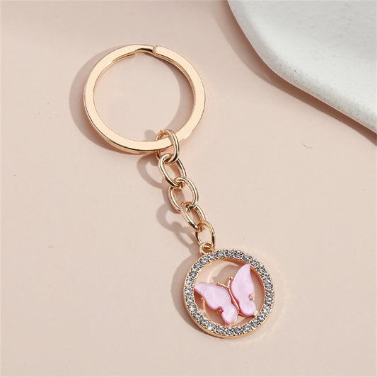 Pink Halo Metal Butterfly Keychains Women Handbag Charms Exquisite Keyring For