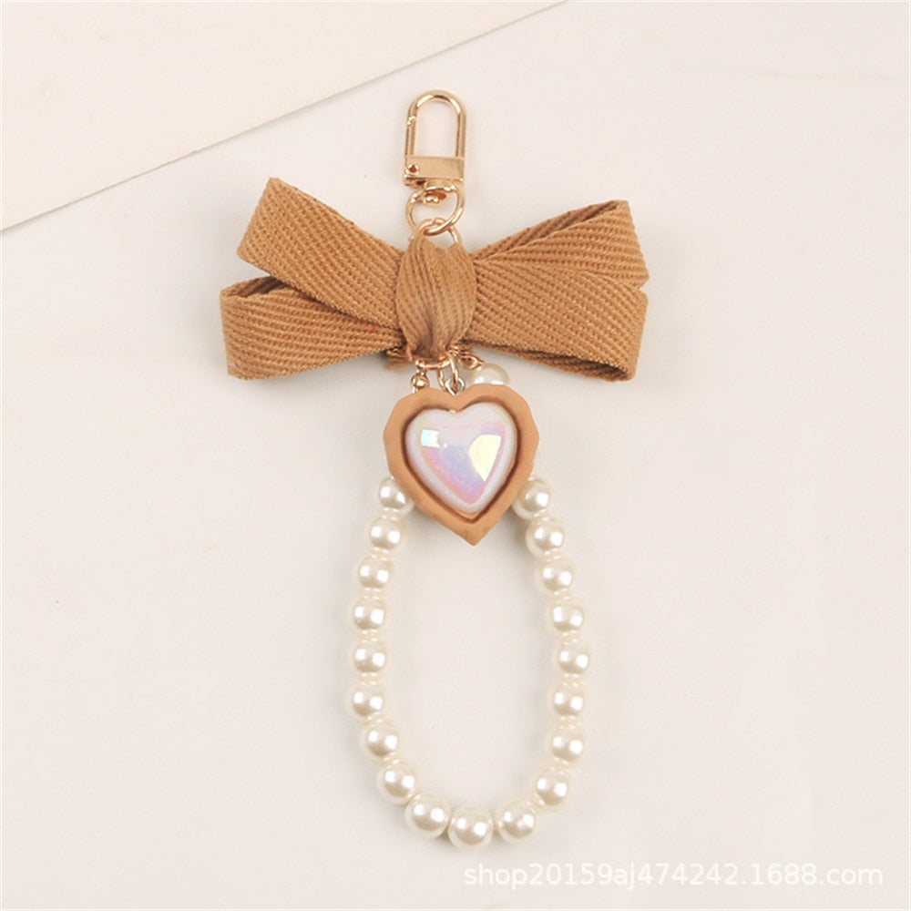 4 Styles Fabric Bow Keychain With Pearl Resin Heart Key Ring Charms For Women