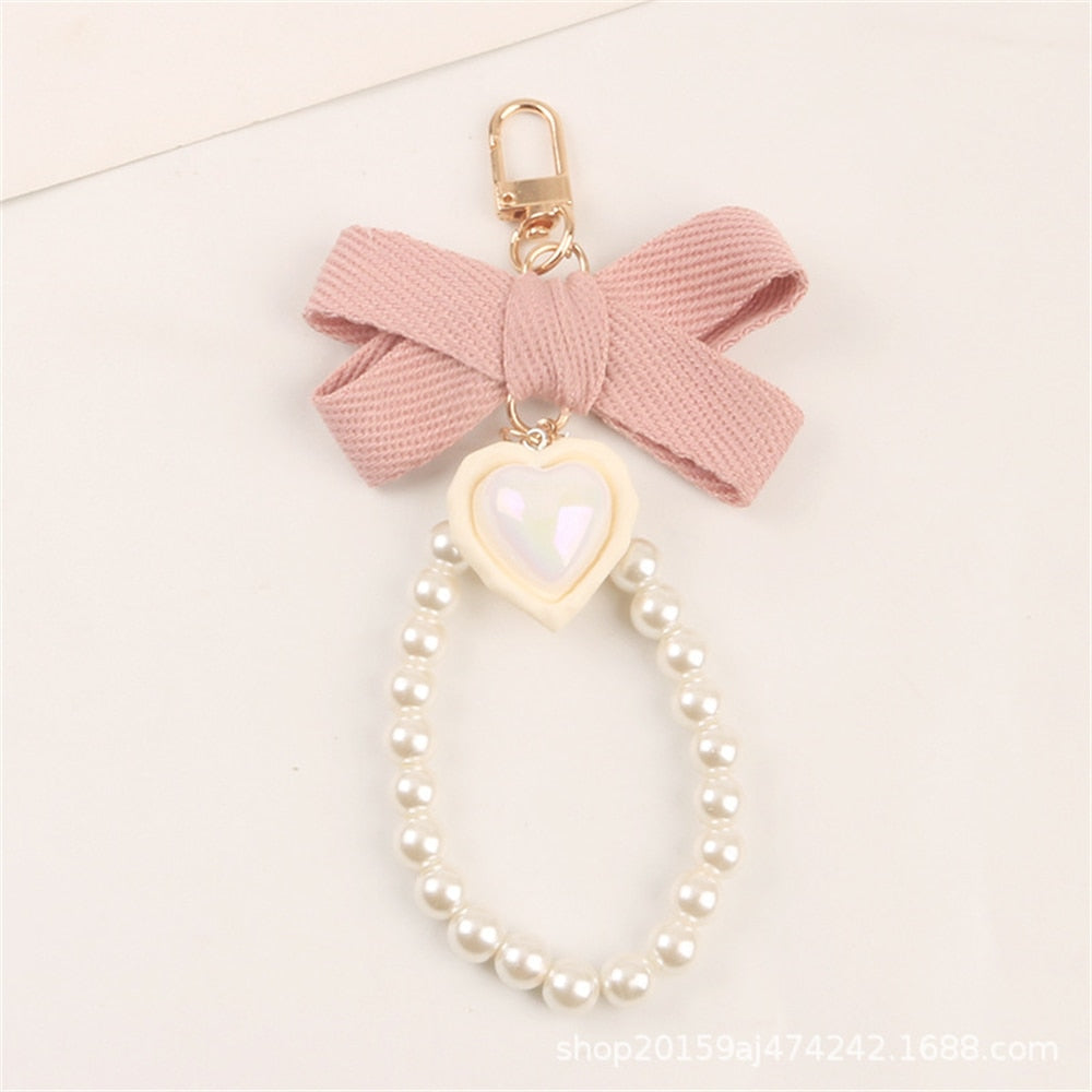 4 Styles Fabric Bow Keychain With Pearl Resin Heart Key Ring Charms For Women