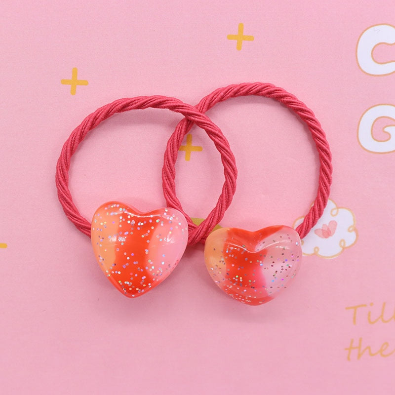 2Pcs/Set Glittering Love Resin Children's Rubber Bands Sweet Hair Accessories