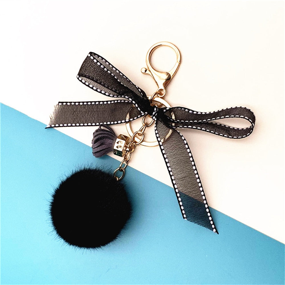 10 Styles Cute Lace Bow Keychain With Fur Ball Womens Bag Plush Pendant Fower