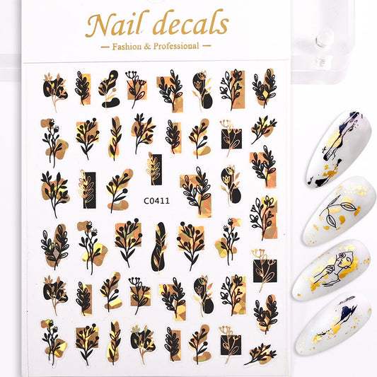 Gold Black Plant Stems Nails Stickers Adhesive DIY Nail Art Decals Nail