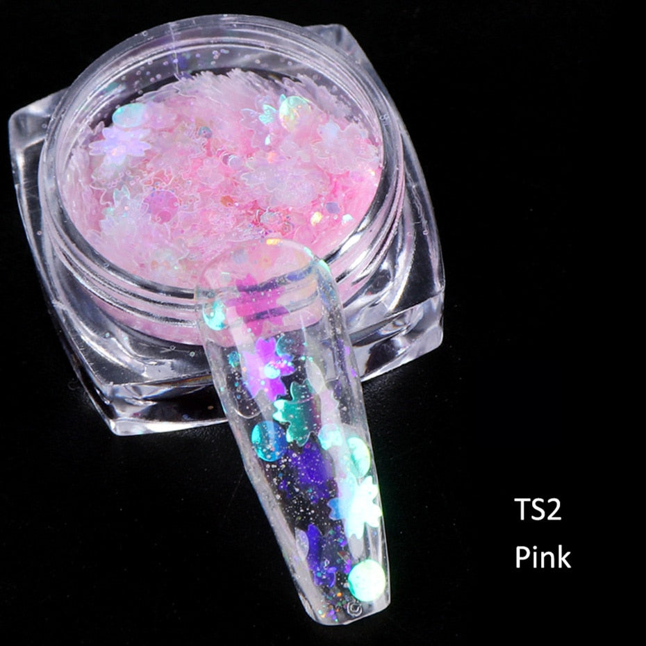 Pink Mixed Flowers Dots Design Nail Glitter Decoration Nail Art Decor DIY Design