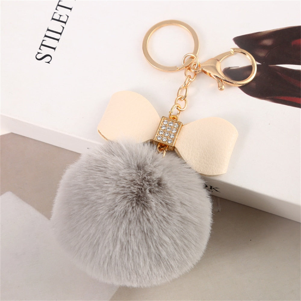 Grey Pompom Pendant Keychain Cute PU Bow Tie Keyring Plush Women Bags Ornaments