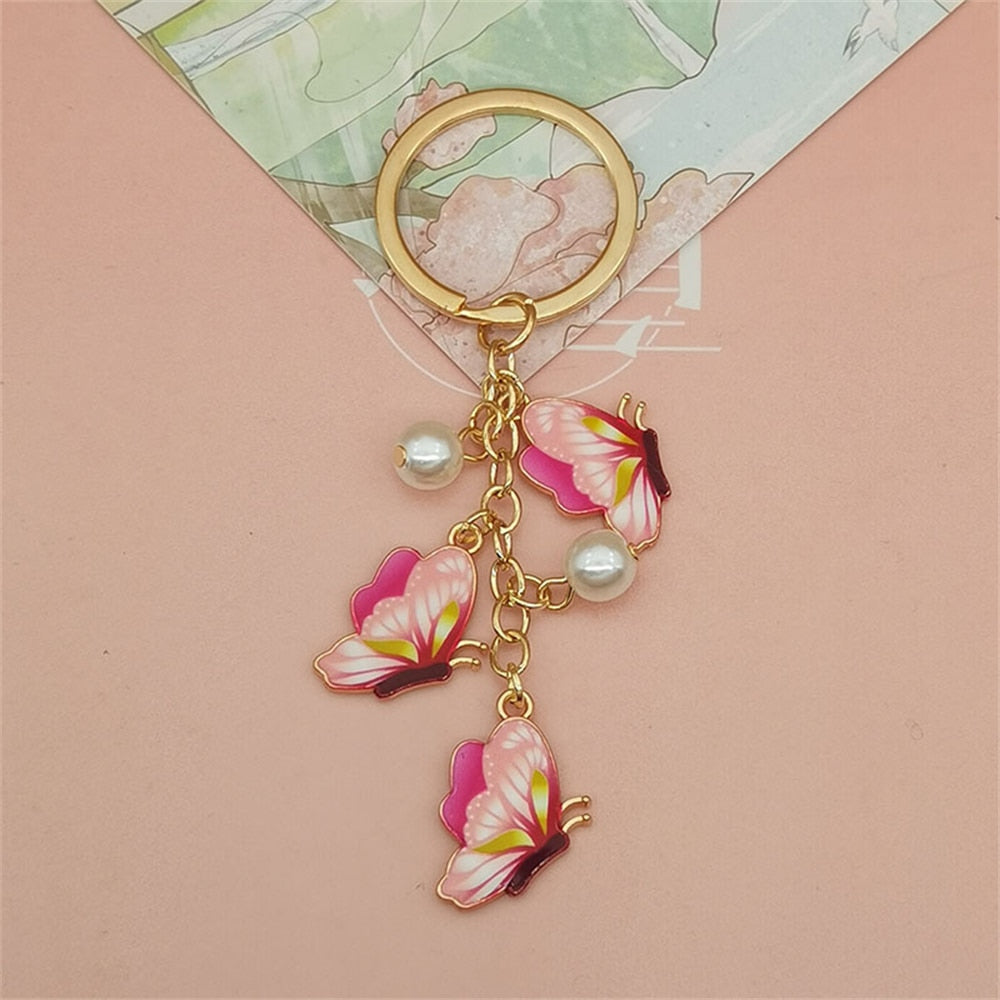 Pink Tone Simulation Butterfly Pearl Key Chain Painted Butterfly Pendant Keyring