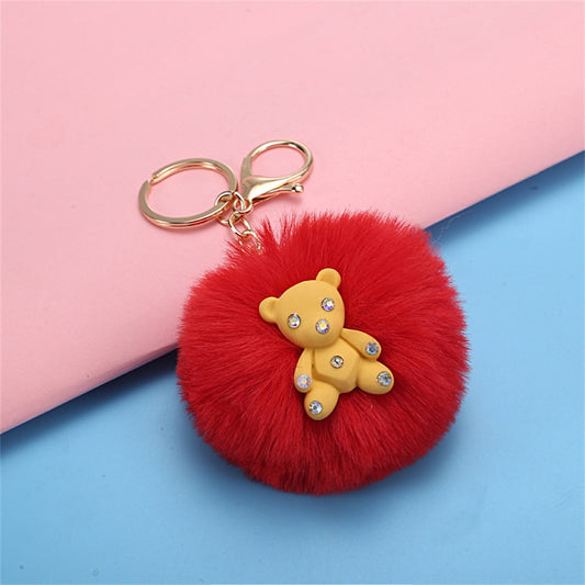 Red Pom Pom Plush Charms Bear Decor Keychain Women Bag Ornaments Cartoon Keyring