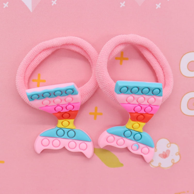 2Pcs Pink Mermaid Tail Toy Kids Rubber Bands Ponytail Holder Headband Hair Rope