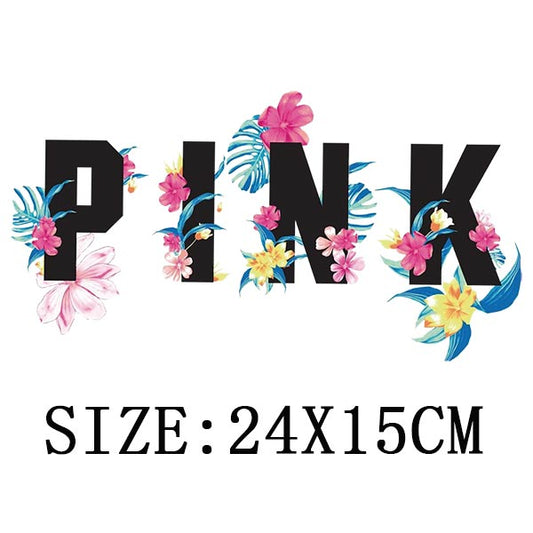 PINK Tropical Flowers Thermal Sticker Letter Patches Clothing DIY Iron-On