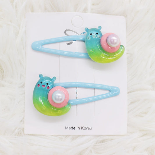 2Pcs Blue Snail With Pearl Hairpin Girl Hair Clip Cartoon Headband Hairpins