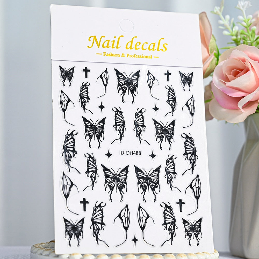 Black Butterfly Wings Nails Stickers Adhesive DIY Nail Art Decals Nail