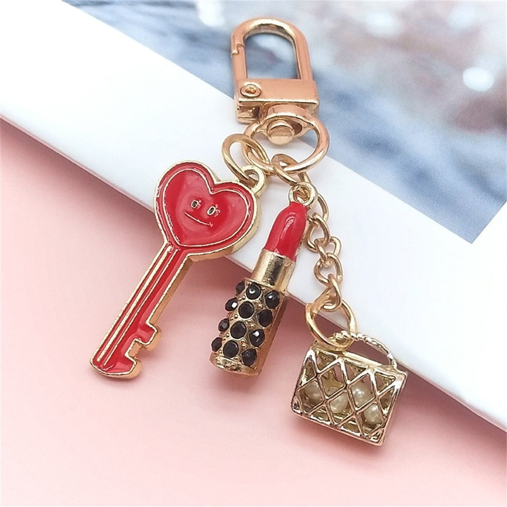 Red Key Rhinestone Lipstick Handbag Shape Keychain Lip Alloy Keyring For Women