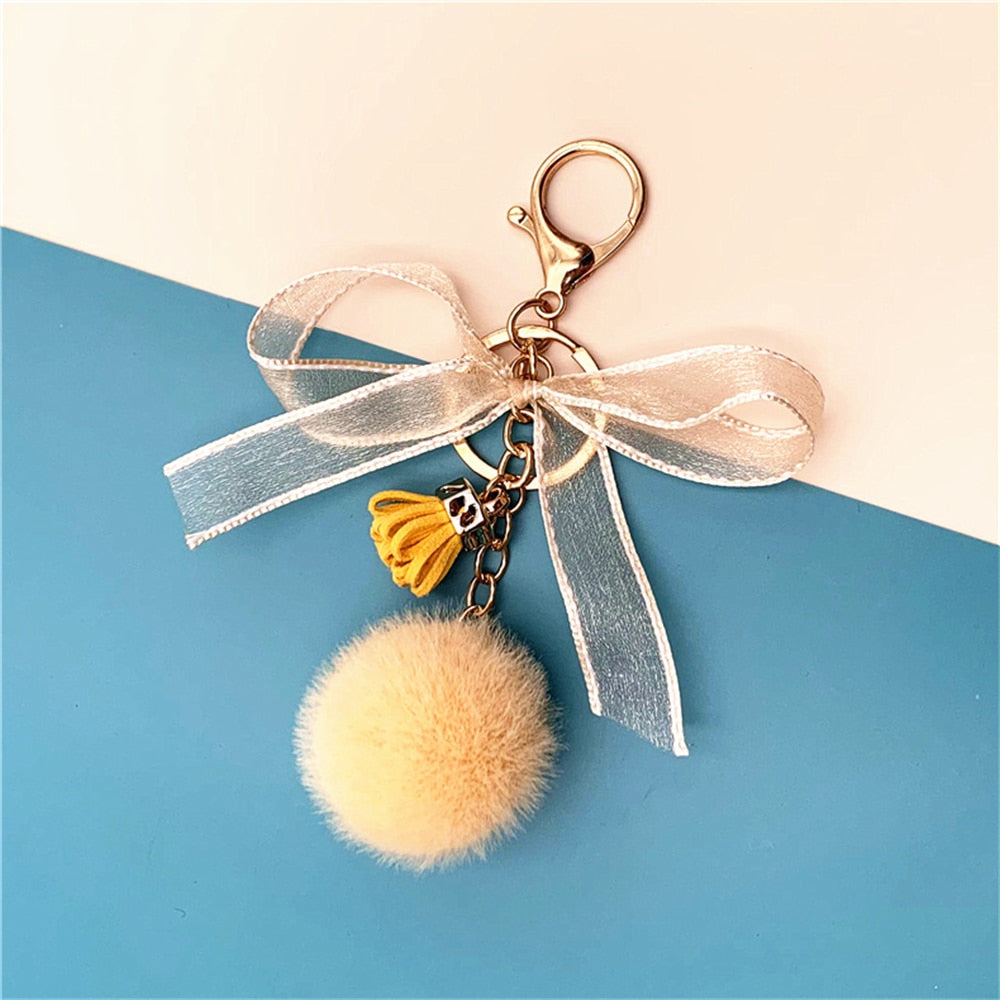 10 Styles Cute Lace Bow Keychain With Fur Ball Womens Bag Plush Pendant Fower