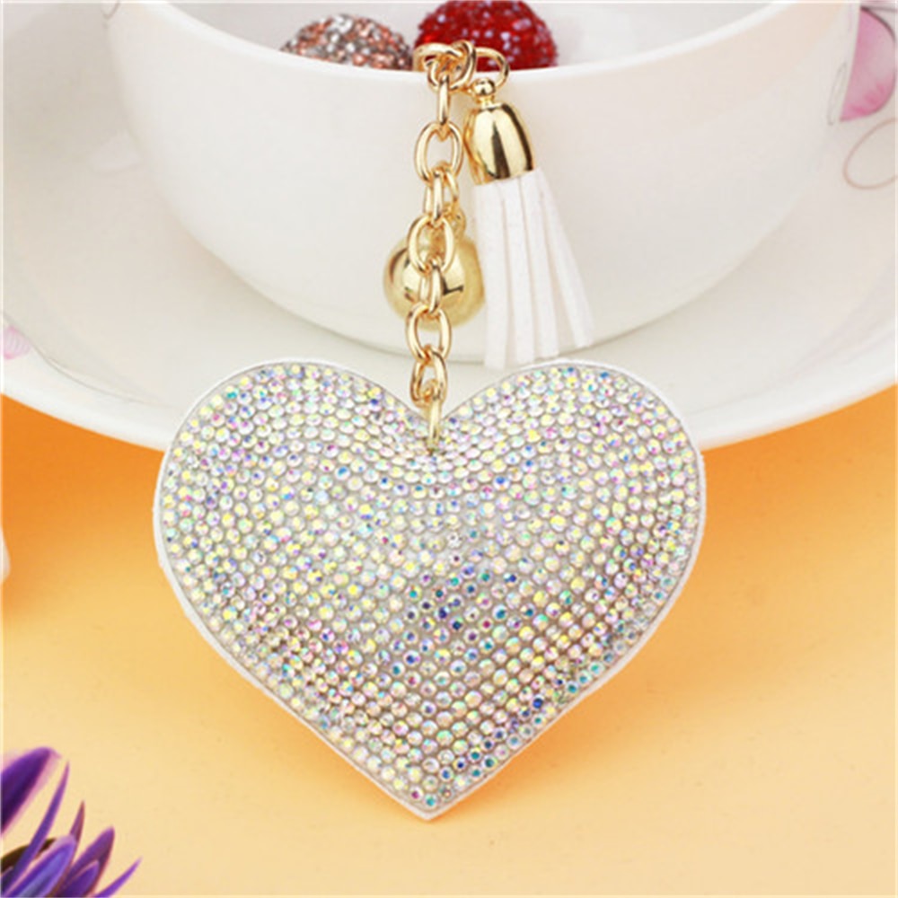 Holographic Heart Full Rhinestone Keychain PU Leather Tassel Keyring for Women