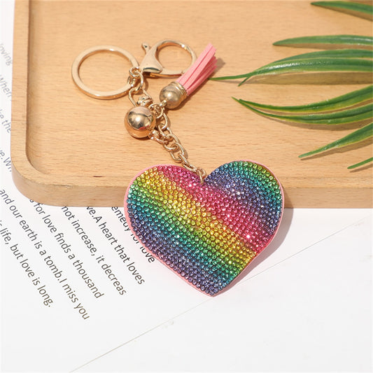 Colorful Heart Full Rhinestone Keychain PU Leather Tassel Keyring for Women Car