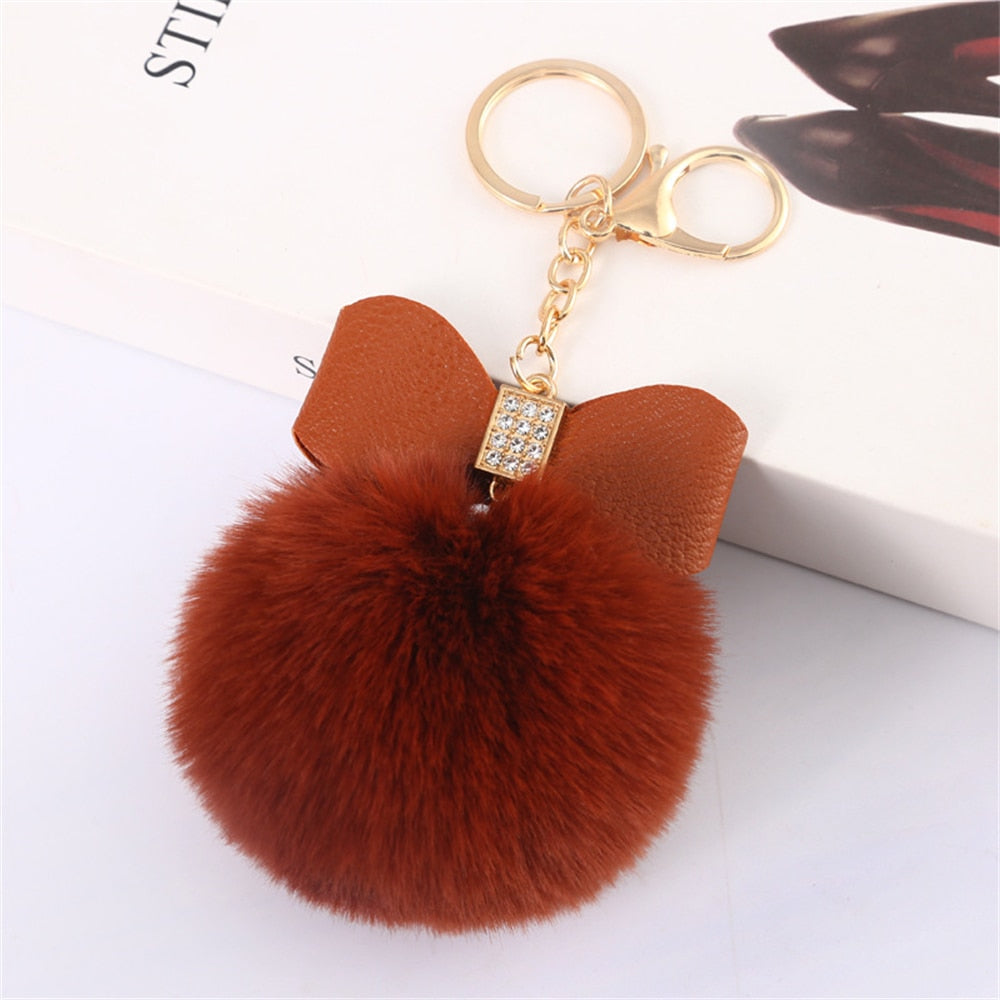 Chocolate Brown Pompom Pendant Keychain Cute PU Bow Tie Keyring Plush Women Bags