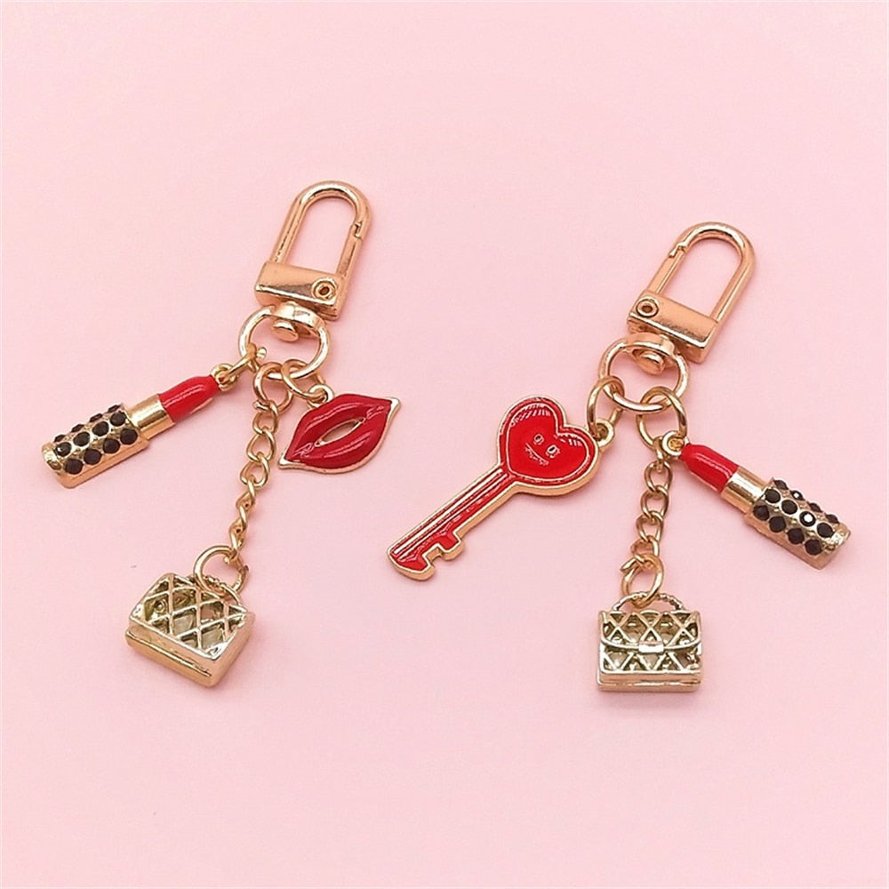 2 Styles Rhinestone Lipstick Bag Key Lips Decor Handbag Shape Keychain Lip Alloy