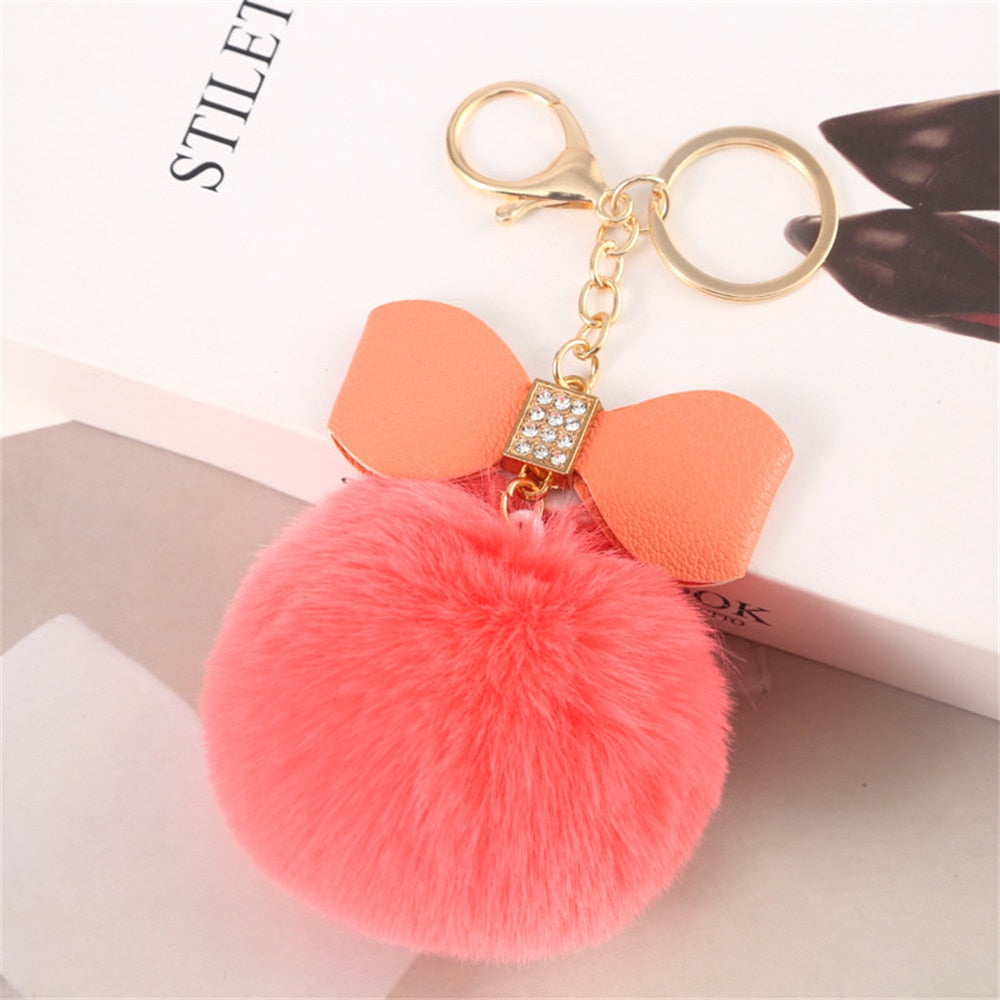 Coral Orange Pompom Pendant Keychain Cute PU Bow Tie Keyring Plush Women Bags