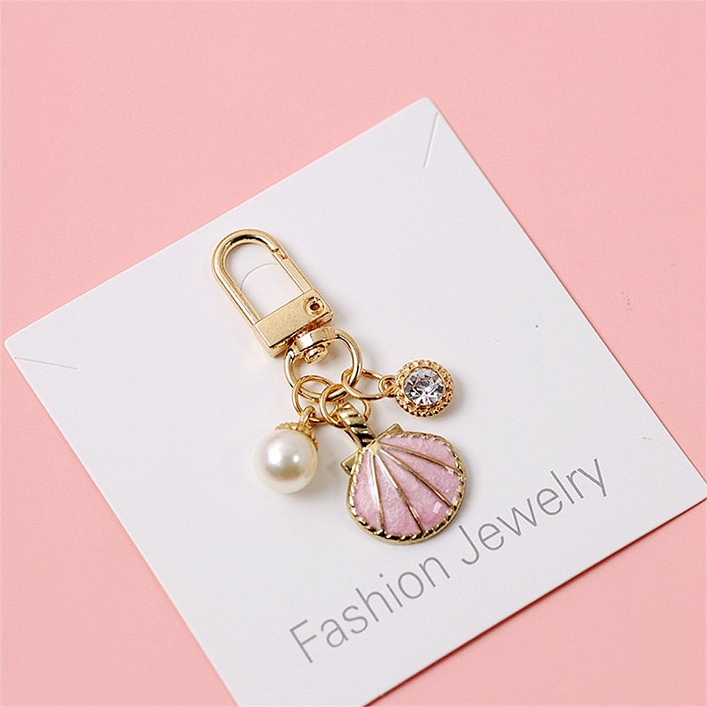 Pink Scallop Keychain Charms Headphone Case Pendant Women Bag Pearl Ornaments