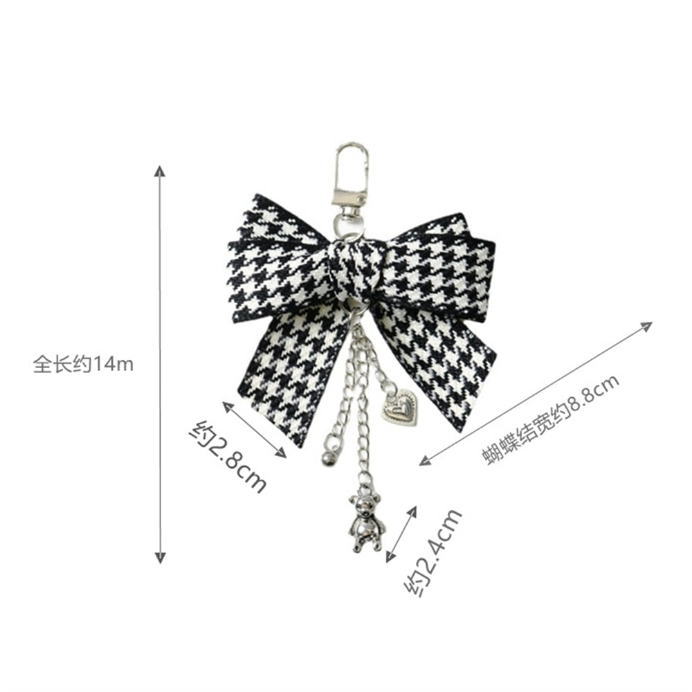 2 Styles Black and White Plaid Bow Keychain Bear or Pearl Pendant Keyring Car