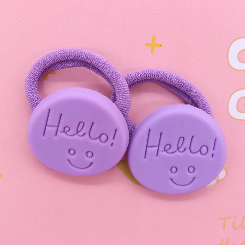 2Pcs Purple Hello Cute Rubber Band Hairbands Creative Scrunchies Kids Elastic