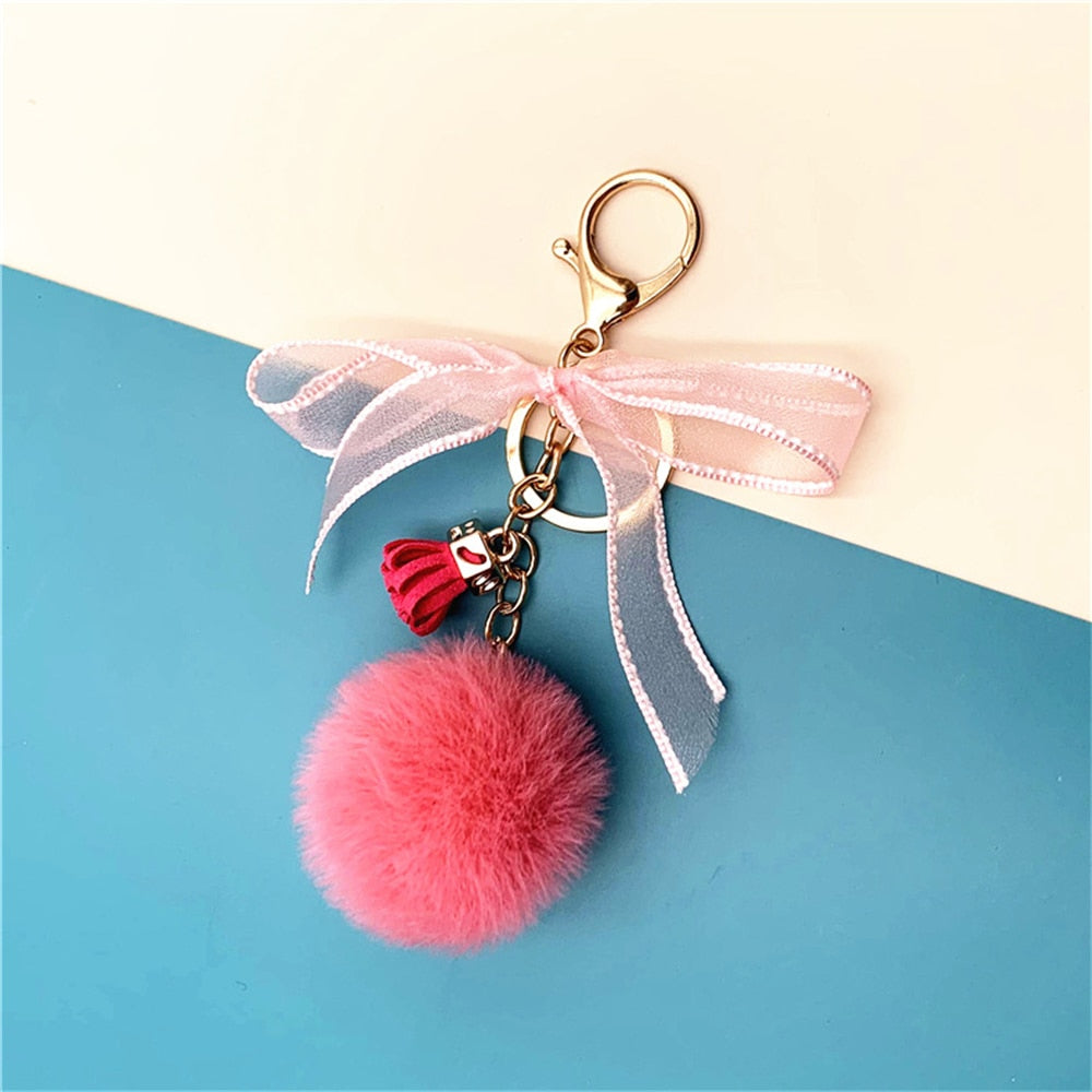 10 Styles Cute Lace Bow Keychain With Fur Ball Womens Bag Plush Pendant Fower