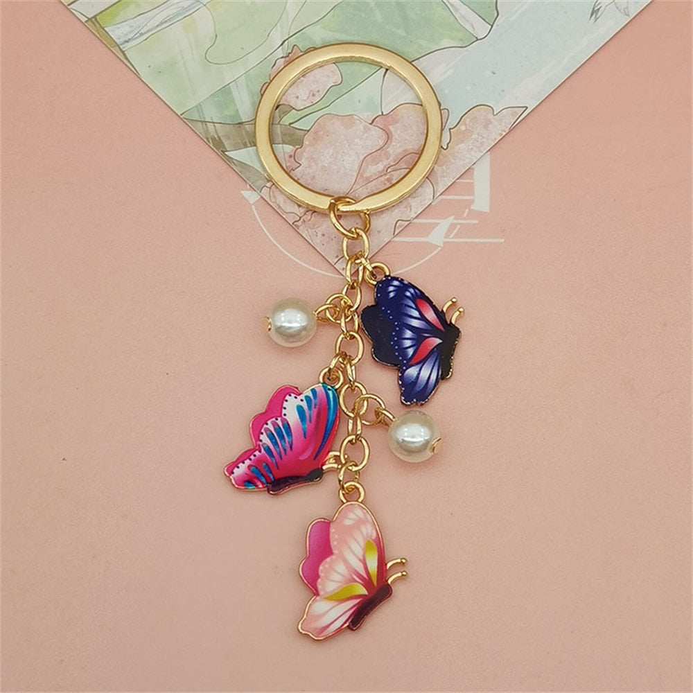 Pink And Blue Simulation Butterfly Pearl Key Chain Painted Butterfly Pendant