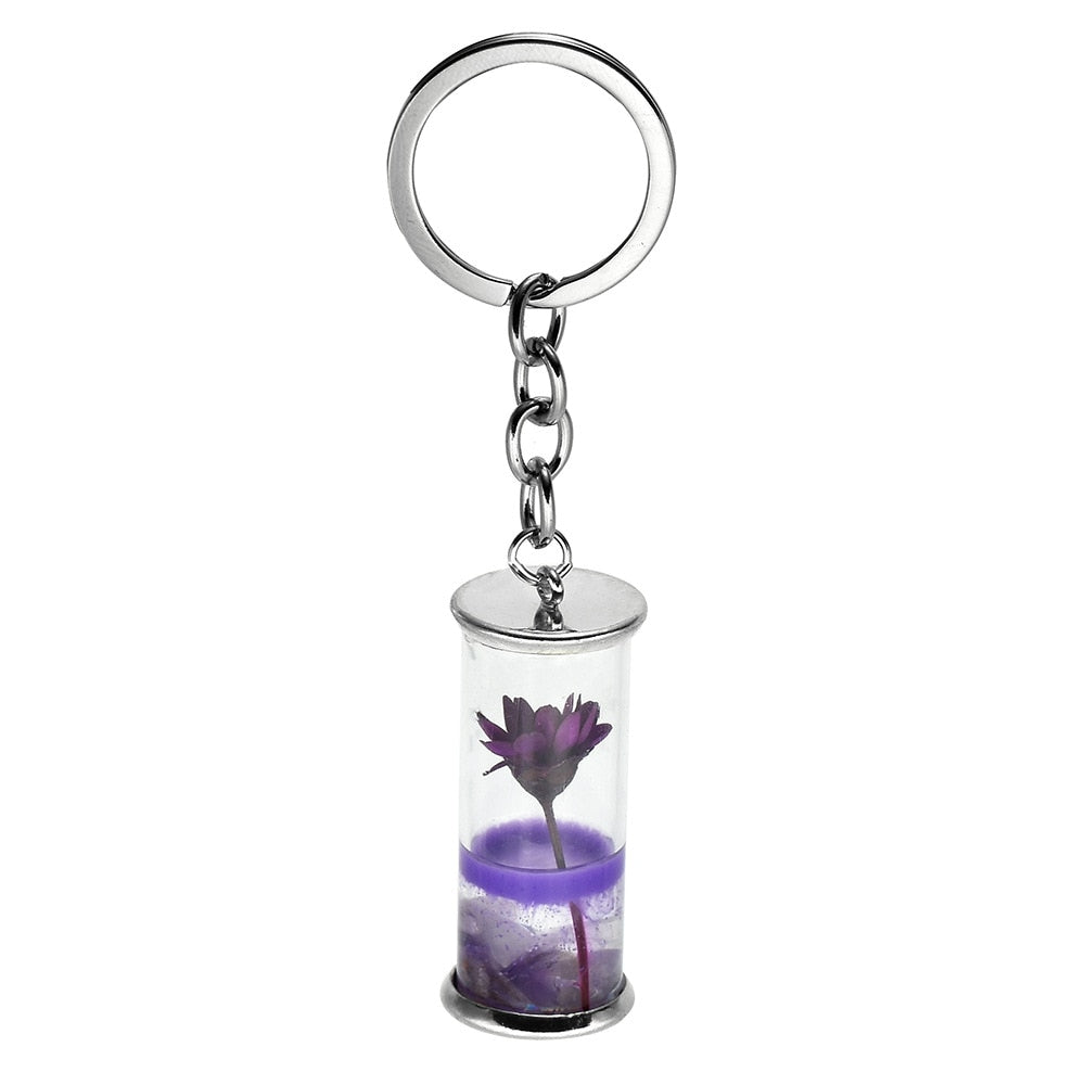 6 Styles Flower Keychain Dried Flower Plants Key Chains Wishing Bottle Keyrings