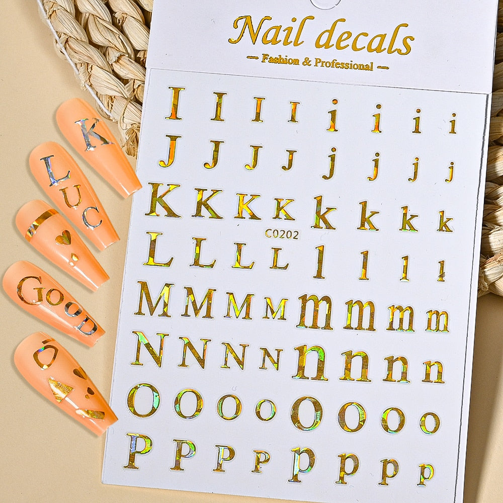 Gold Partial Alphabet Nails Stickers Adhesive DIY Nail Art Decals Nail