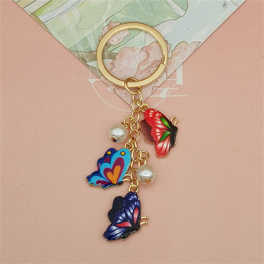 Blue Red Simulation Butterfly Pearl Key Chain Painted Butterfly Pendant Keyring