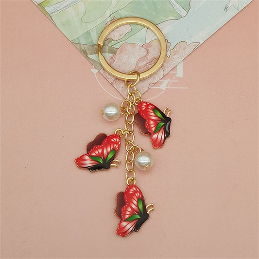 Simulation Red Butterfly Pearl Key Chain Painted Butterfly Pendant Keyring for