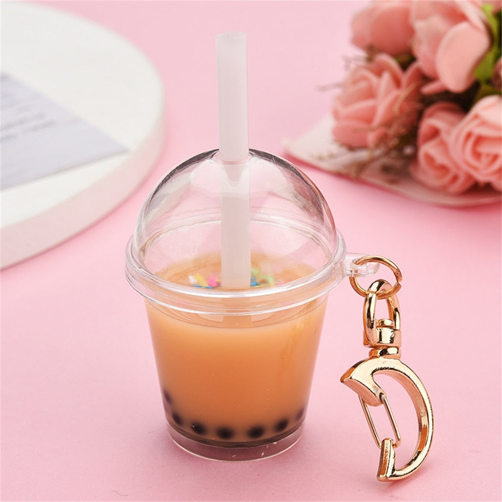 8 Styles Milk Bubble Tea Keychains Simulation Milk Tea Cup Pendant With Moon