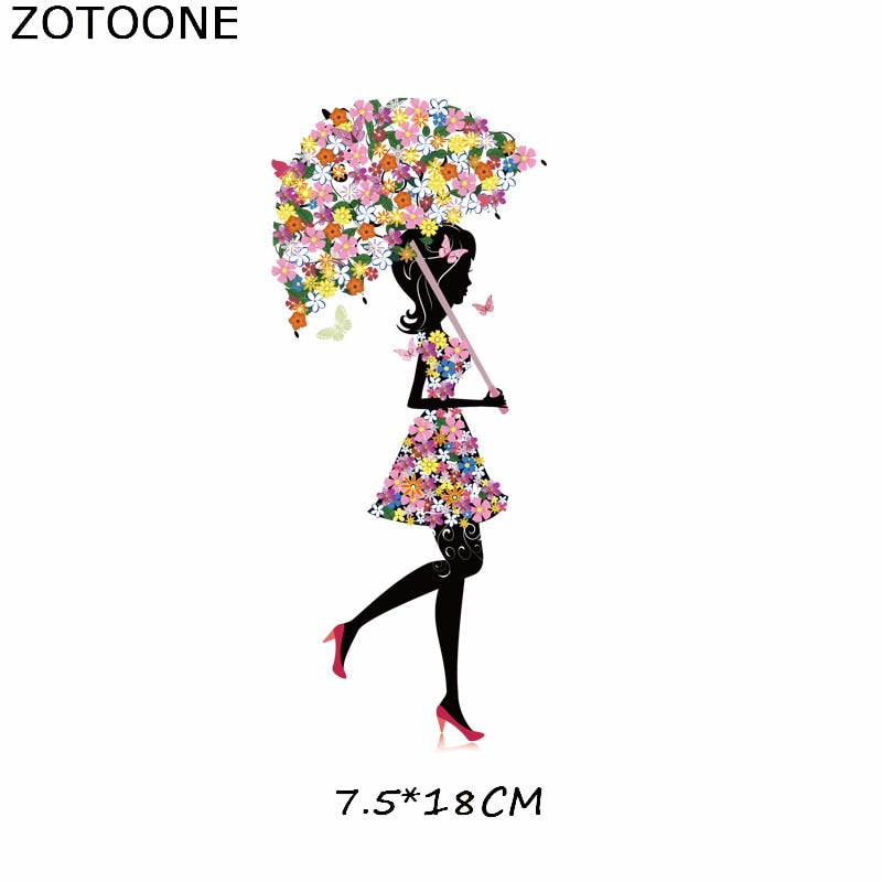 Floral Umbrella Girl In Dress Iron on Sticker Girl Clothes Cartoon Patches