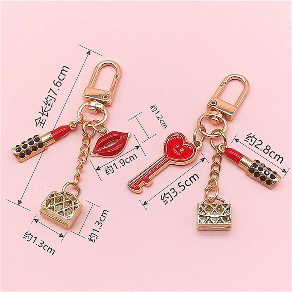 Red Lips Rhinestone Lipstick Handbag Shape Keychain Lip Alloy Keyring For Women