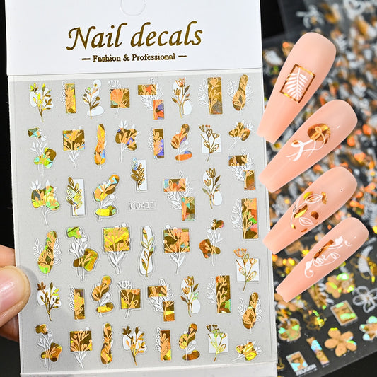 Gold Holographic Plants Nails Stickers Adhesive DIY Nail Art Decals Nail