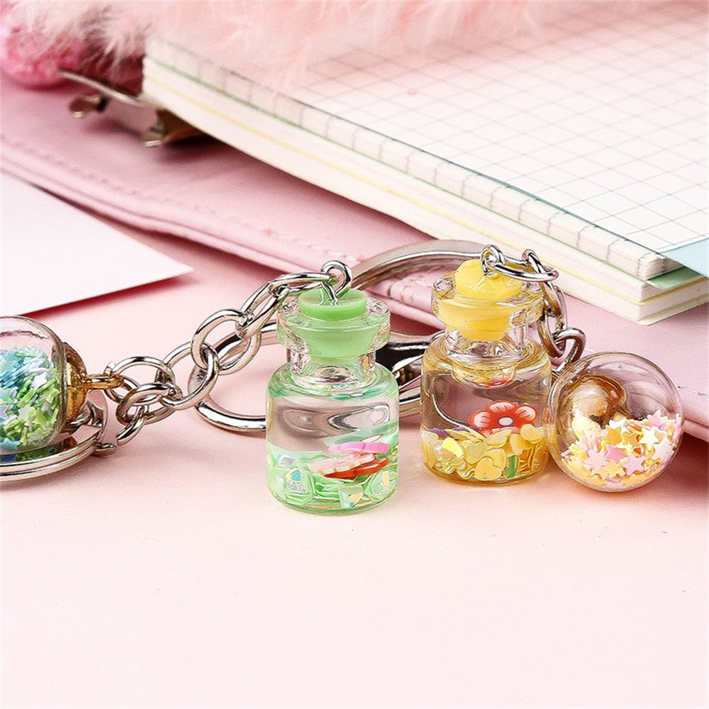 7 Styles Bottle With Glitter Flower Decor Keychain Gift Cute Charms Keyring