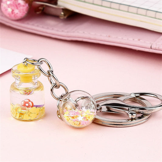 Yellow Bottle Flower Glitter Keychain Gift Cute Charms Keyring Souvenir Handbag