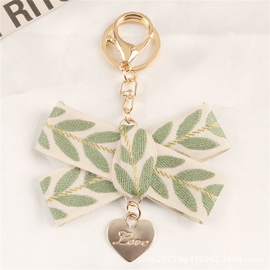 4 Styles Fresh Leaf Stripe Key Ring  Embroidery Alloy Pearl Pendant Heart Charm