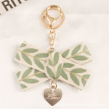Bow Design Fresh Leaf Stripe Key Ring  Embroidery Alloy Pearl Pendant Heart