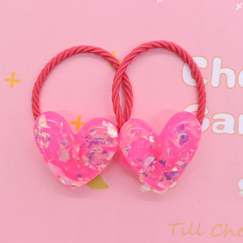 2Pcs/Set Glittering Love Resin Children's Rubber Bands Sweet Hair Accessories