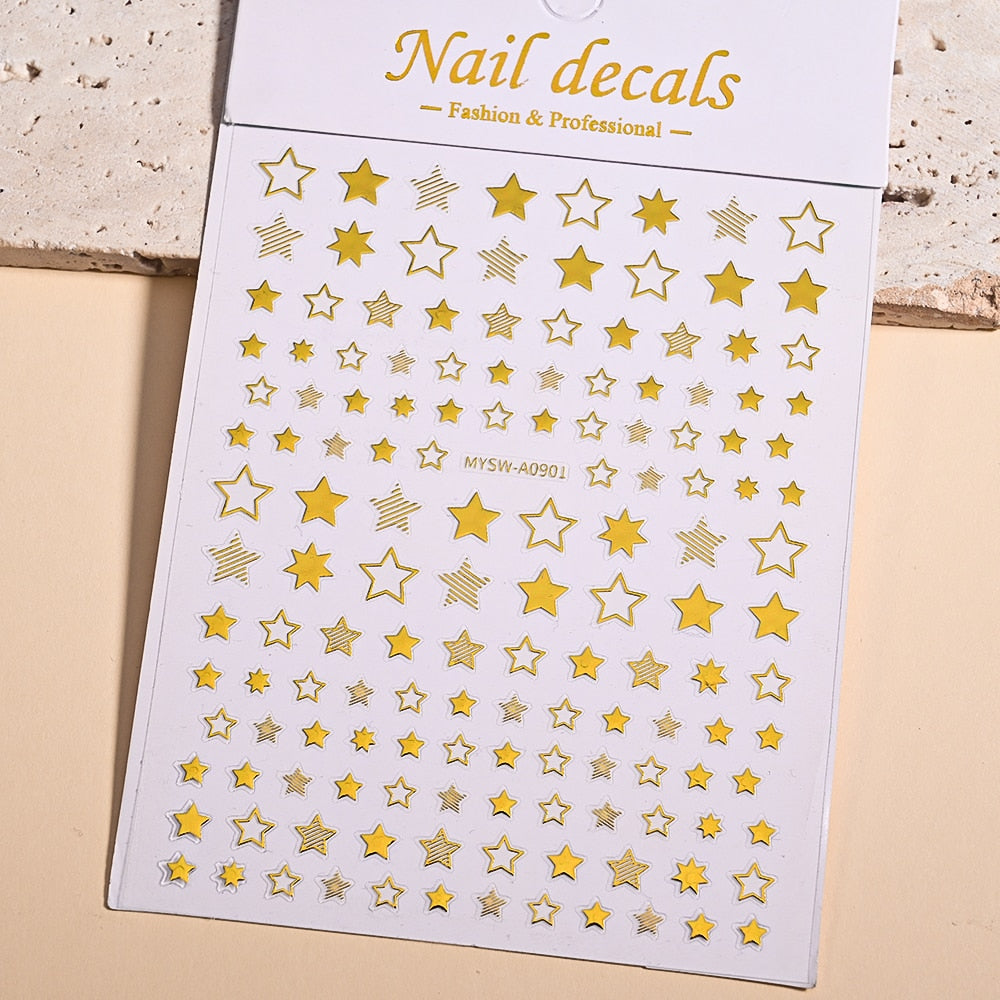 Gold Hollow Striped Star Decor Nails Stickers Adhesive DIY Nail Art Decals Nail