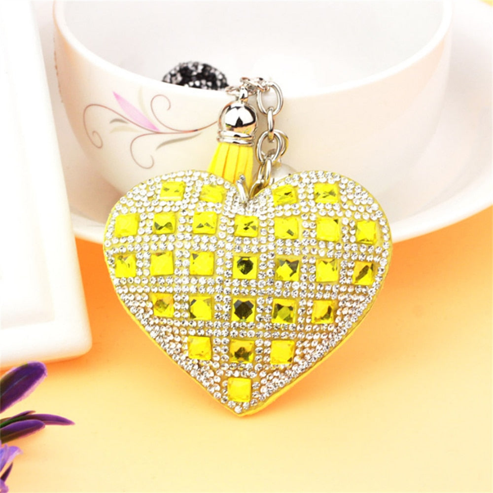 Yellow Heart Full Rhinestone Keychain PU Leather Tassel Keyring for Women Car