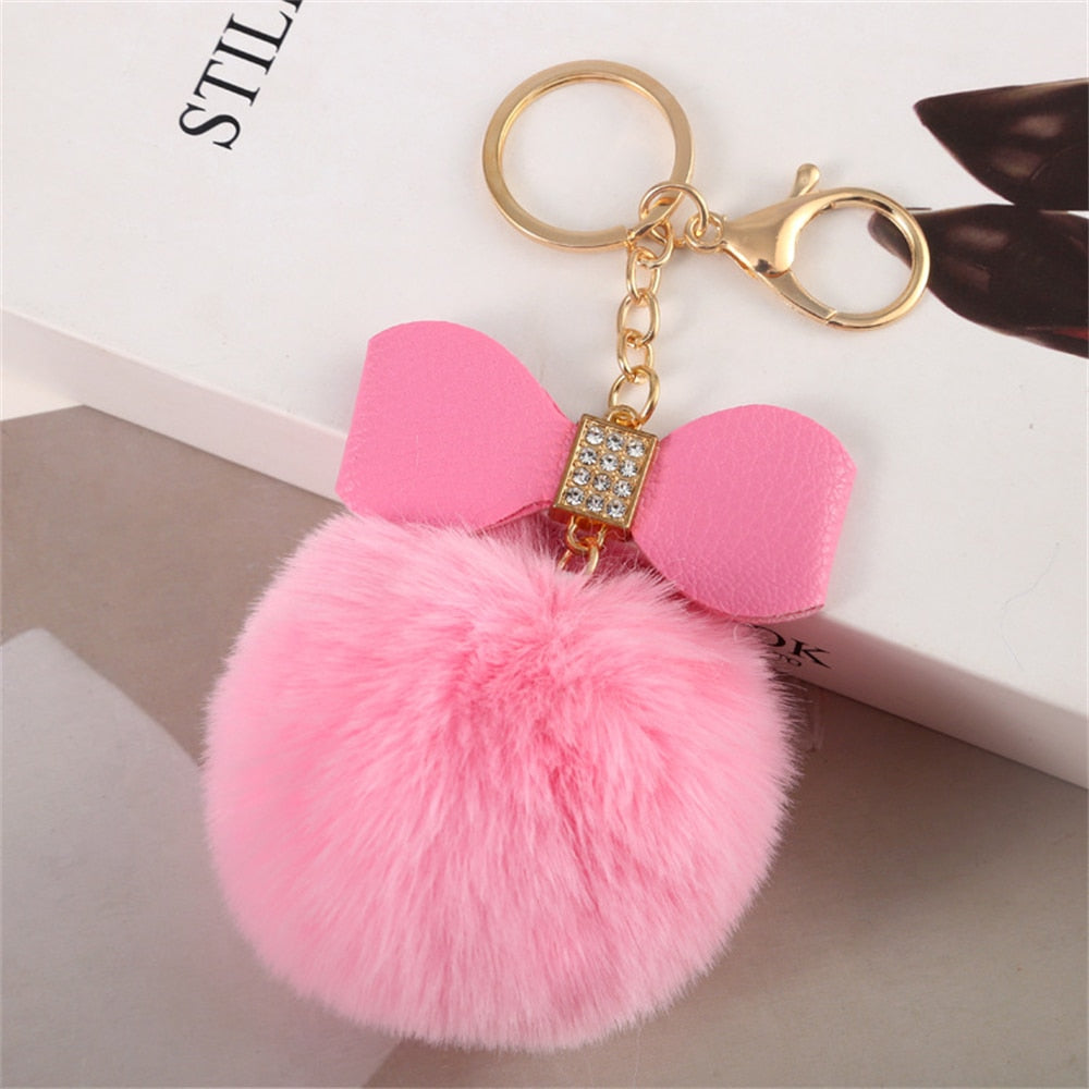 Baby Pink Pompom Pendant Keychain Cute PU Bow Tie Keyring Plush Women Bags