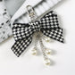 Pearl Charms Black and White Plaid Bow Keychain Pendant Keyring Car Key Holder