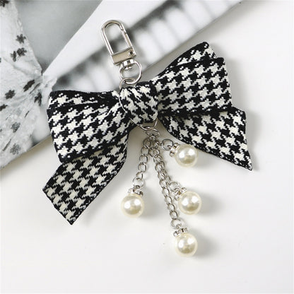 2 Styles Black and White Plaid Bow Keychain Bear or Pearl Pendant Keyring Car