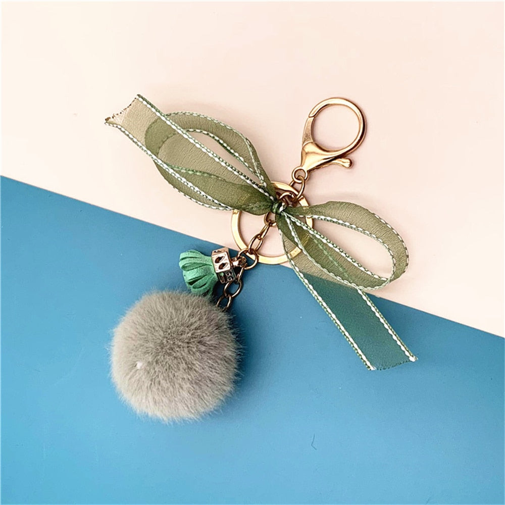 10 Styles Cute Lace Bow Keychain With Fur Ball Womens Bag Plush Pendant Fower