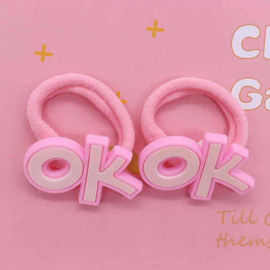 2Pcs Pink OK Cute Rubber Band Hairbands Creative Scrunchies Kids Elastic