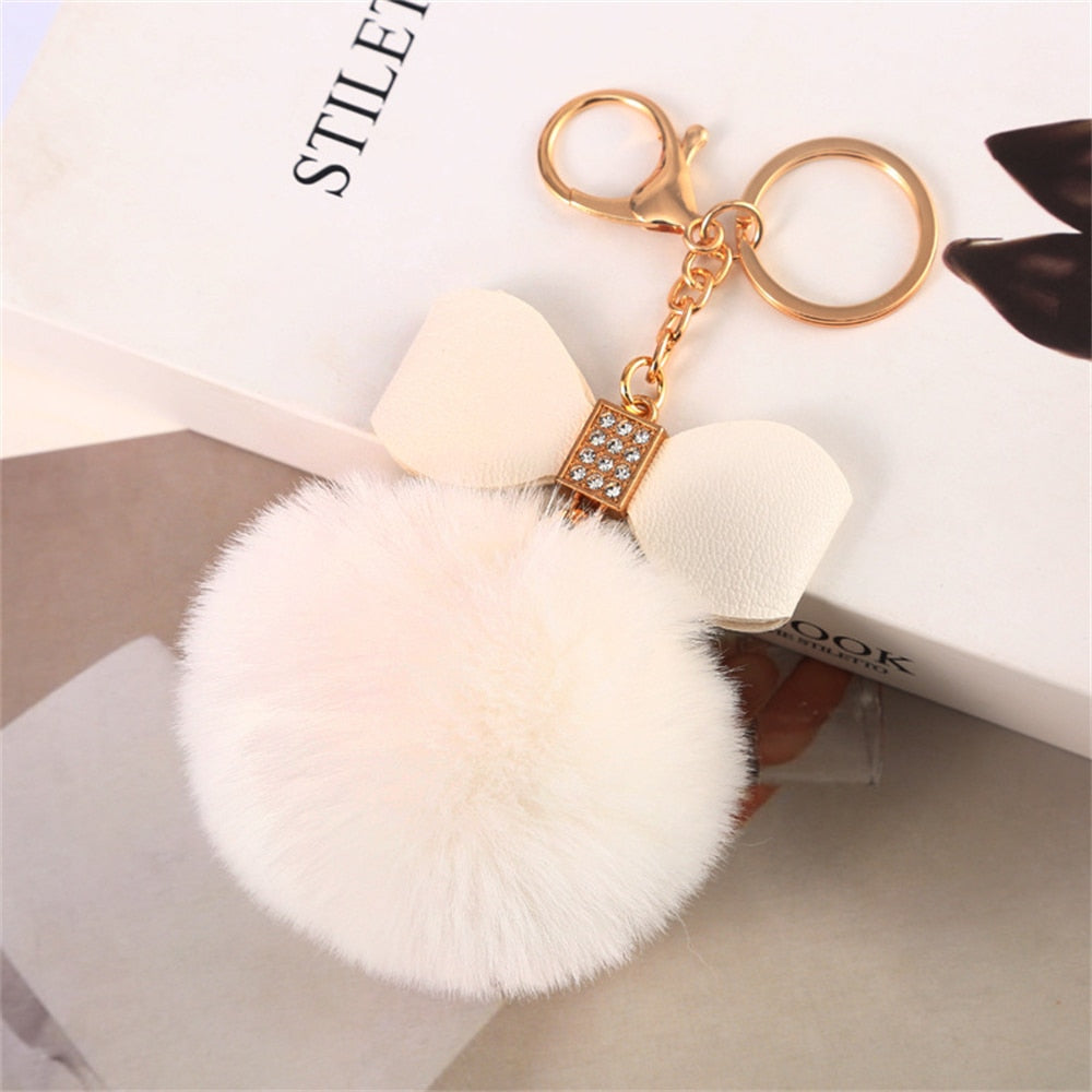 White Pompom Pendant Keychain Cute PU Bow Tie Keyring Plush Women Bags Ornaments